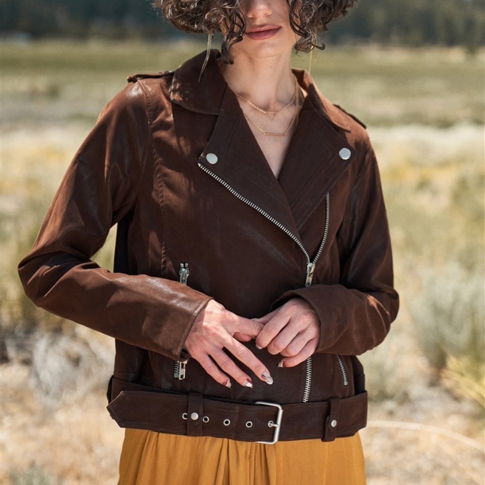 Brown Faux Leather Moto Jacket